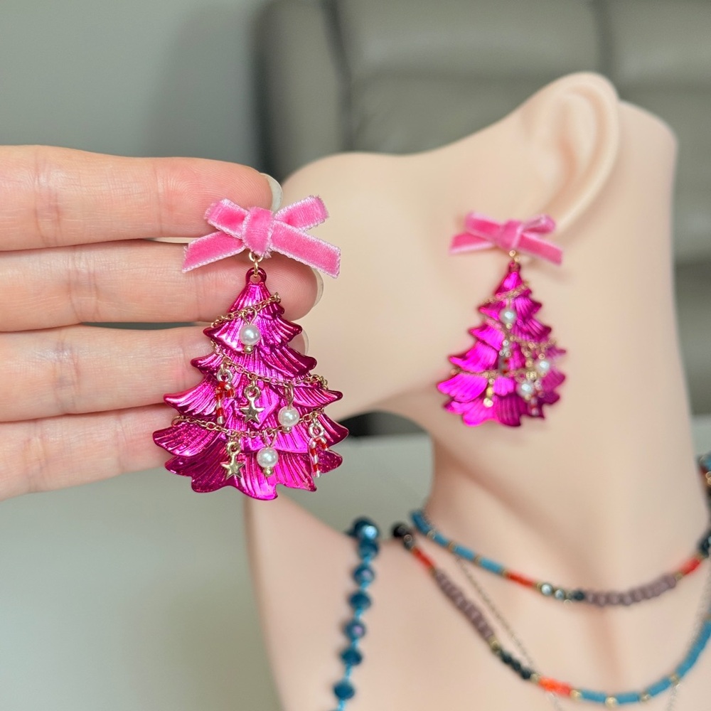 Pink Ribbon Tree Drop Earrings - Picture 6 of 13
